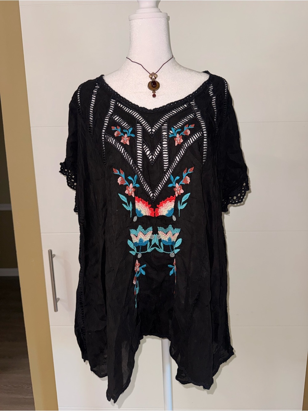Johnny Was Black Tunic with Multicolor Floral Embroidery
